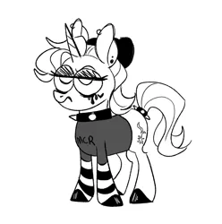 Size: 763x769 | Tagged: safe, artist:woollily, derpibooru import, starlight glimmer, pony, unicorn, choker, clothes, ear piercing, earring, emo, hat, jewelry, monochrome, piercing, shirt, socks, solo, spiked choker, striped socks