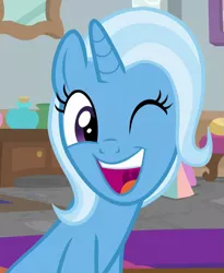 Size: 543x661 | Tagged: safe, derpibooru import, screencap, trixie, pony, unicorn, a horse shoe-in, cropped, cute, diatrixes, female, mare, one eye closed, open mouth, smiling, solo, uvula, wink