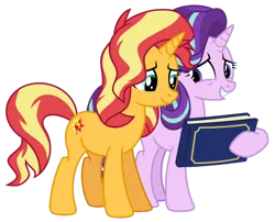 Size: 1024x826 | Tagged: safe, artist:emeraldblast63, derpibooru import, starlight glimmer, sunset shimmer, pony, unicorn, memories and more, spoiler:memories and more, spoiler:mlp friendship is forever, female, scrapbook, simple background, transparent background