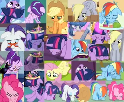 Size: 1036x857 | Tagged: safe, derpibooru import, edit, edited screencap, screencap, applejack, derpy hooves, fluttershy, octavia melody, pinkie pie, rainbow dash, rarity, starlight glimmer, twilight sparkle, twilight sparkle (alicorn), alicorn, earth pony, pegasus, pony, unicorn, a bird in the hoof, a horse shoe-in, canterlot boutique, daring don't, fame and misfortune, father knows beast, horse play, hurricane fluttershy, princess twilight sparkle (episode), rainbow falls, read it and weep, slice of life (episode), the crystal empire, the last roundup, the one where pinkie pie knows, to where and back again, annoyed, applejack's hat, bandage, big crown thingy, book, bowing, cello, compilation, cowboy hat, cropped, crying, cute, element of magic, eyes closed, female, floppy ears, flying, food, frazzled, friendship journal, glass, hat, jewelry, looking down, looking up, magic, mane six, mare, mouth hold, mud, musical instrument, prone, rarity's glasses, regalia, sad, sitting, snout