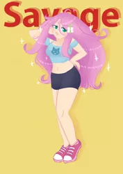 Size: 960x1357 | Tagged: 2020, 2020s, artist:mirona9, belly button, blouse, cat, clothes, commission, converse, derpibooru import, fluttershy, gym shorts, hair accessory, hand on hip, human, humanized, midriff, safe, savage, seductive, seductive pose, shoes, shorts, simple background, sneakers, solo, sparkles, sultry pose, text, ych result, yellow background