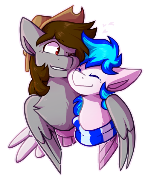 Size: 793x962 | Tagged: artist:brigostre, commission, cute, derpibooru import, gay, hat, heart, hug, male, oc, oc:lighty, oc:n3xus music, pegasus, safe, simple background, snuggling, transparent background, unofficial characters only, wholesome, winghug