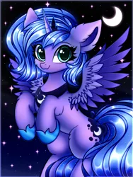 Size: 3000x4000 | Tagged: safe, artist:mite-lime, derpibooru import, princess luna, alicorn, pony, cheek fluff, crescent moon, crown, cute, ear fluff, female, filly, high res, hoof shoes, jewelry, leg fluff, lunabetes, moon, night, regalia, sky, solo, spread wings, stars, two toned wings, wings, woona, younger