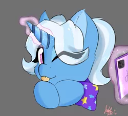 Size: 2598x2362 | Tagged: safe, alternate version, artist:galacticguardian, artist:jubyskylines, derpibooru import, trixie, unicorn, :p, alternate hairstyle, babysitter trixie, bust, cheek fluff, clothes, cute, diatrixes, ear fluff, gameloft interpretation, high res, hoodie, leg fluff, magic, one eye closed, phone, portrait, solo, telekinesis, tongue out, wink