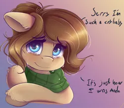 Size: 680x594 | Tagged: safe, artist:ardail, derpibooru import, oc, oc:mocha latte, unofficial characters only, pony, bust, clothes, crying, dialogue, ear fluff, female, looking at you, mare, sad smile, scarf, solo, tears of joy, teary eyes, unshorn fetlocks