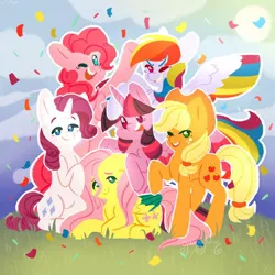 Size: 1280x1280 | Tagged: safe, artist:gummylilies, derpibooru import, applejack, fluttershy, pinkie pie, rainbow dash, rarity, twilight sparkle, twilight sparkle (alicorn), alicorn, earth pony, pegasus, pony, unicorn, colored wings, confetti, cowboy hat, cute, female, hat, looking at you, mane six, mane six opening poses, mare, multicolored wings, one eye closed, open mouth, prone, smiling, two toned wings, wings, wink