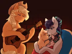 Size: 1024x768 | Tagged: safe, artist:vennyredmoon, deleted from derpibooru, derpibooru import, applejack, coloratura, oc, oc:goldie delicious, oc:lovely apple, earth pony, pony, alternate hairstyle, blanket, braid, family, female, foal, guitar, lesbian, lullaby, magical lesbian spawn, mare, mother and child, music, musical instrument, offspring, parent:applejack, parent:coloratura, parents:rarajack, rarajack, shipping, singing, sleeping, snuggling