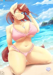 Size: 970x1371 | Tagged: suggestive, artist:viejillox64art, derpibooru import, oc, oc:golden brooch, anthro, unicorn, an-tonio's birthday, beach, big breasts, bikini, breast overpour, breasts, chubby, clothes, female, huge breasts, milf, ocean, one eye closed, sand, solo, solo female, swimsuit, tight clothing, wink