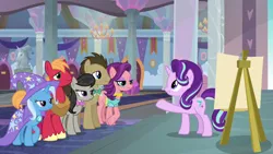 Size: 1920x1080 | Tagged: safe, derpibooru import, screencap, big macintosh, doctor whooves, octavia melody, spoiled rich, starlight glimmer, time turner, trixie, earth pony, pony, unicorn, a horse shoe-in, cape, clothes, female, hat, male, mare, raised hoof, stallion, trixie's cape, trixie's hat