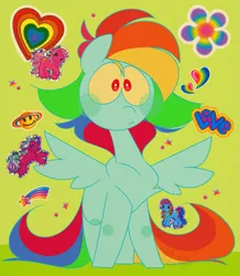 Size: 989x1132 | Tagged: safe, artist:hyperfixatins, artist:pillsburries, derpibooru import, pinkie pie, pinkie pie (g3), rainbow dash, rainbow dash (g3), sweetberry, pegasus, pony, flower, g3, green background, heart, love, rainbow, shooting star, simple background, solo, sticker