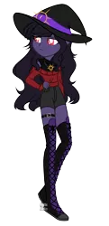 Size: 2391x4932 | Tagged: safe, artist:alphajunko, derpibooru import, oc, unnamed oc, unofficial characters only, equestria girls, adoptable, boots, clothes, colored pupils, equestria girls-ified, female, frown, hand on hip, hat, jewelry, necklace, shirt, shoes, shorts, simple background, smiling, solo, sweater, transparent background, undershirt, witch, witch hat