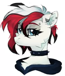 Size: 1884x2214 | Tagged: safe, artist:sonnezamayxx, derpibooru import, oc, unnamed oc, unofficial characters only, earth pony, pony, adoptable, bridge piercing, bust, choker, clothes, ear piercing, earring, female, frown, hood, jewelry, lidded eyes, mare, piercing, simple background, solo, spiked choker, white background