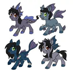 Size: 750x750 | Tagged: safe, artist:jitterbugjive, derpibooru import, oc, unofficial characters only, half-siren, hybrid, pony, undead, zombie, zombie pony, bone, cloven hooves, colored hooves, colt, female, filly, fins, foal, hair over one eye, happy, horn, magical gay spawn, male, offspring, open mouth, scales, scar, simple background, stitches, torn ear, white background
