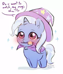 Size: 1200x1400 | Tagged: safe, artist:riukime, derpibooru import, trixie, pony, unicorn, blushing, bronybait, chibi, cute, dialogue, diatrixes, female, heart, looking at you, magic wand, mare, mouth hold, nom, simple background, smiling, solo, sparkles, speech bubble, starry eyes, weapons-grade cute, white background, wingding eyes