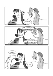 Size: 2892x4096 | Tagged: safe, artist:gryphon bbq, derpibooru import, applejack, rarity, oc, oc:anon, earth pony, human, pony, unicorn, ..., black and white, comic, dialogue, eyes closed, female, glowing horn, grayscale, horn, humming, ironing, levitation, lineart, magic, magic aura, male, mare, monochrome, music notes, simple background, speech bubble, telekinesis, white background