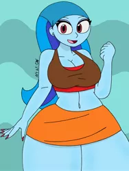 Size: 1932x2576 | Tagged: safe, artist:c_w, derpibooru import, sonata dusk, equestria girls, bandana, belly button, breasts, busty sonata dusk, cleavage, clenched fist, eyelashes, eyeshadow, looking at you, makeup, nail polish, open mouth, plump, smiling, thighs, thunder thighs, total drama, total drama island, wide hips