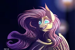 Size: 3000x2000 | Tagged: safe, artist:spirit-fire360, derpibooru import, fluttershy, pegasus, pony, blurred background, bust, creepy, evil grin, fangs, female, grin, high res, insane pony thread, looking at you, manic grin, mare, sharp teeth, slit eyes, smiling, solo, spread wings, teeth, toothy grin, wings