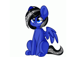 Size: 320x240 | Tagged: safe, artist:thieftea, derpibooru import, oc, oc:driftor, unofficial characters only, pegasus, pony, animated, animated ych, black hair, blue, blue coat, blue eyes, cute, ears up, gif, grey hair, male, missing cutie mark, pegasus oc, puppy dog eyes, sitting, solo, spread wings, stallion, striped mane, striped tail, tail wag, two toned hair, two toned mane, wings