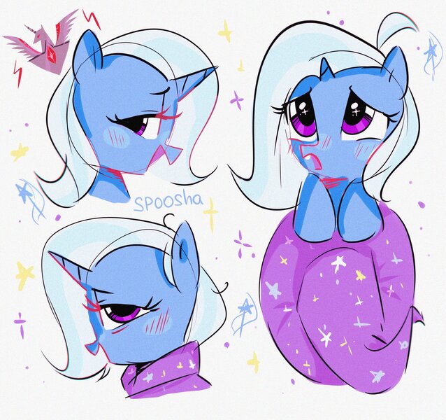 Size: 2048x1925 | Tagged: safe, artist:spoosha, derpibooru import, trixie, pony, unicorn, alicorn amulet, bust, cape, clothes, hat, solo, trixie's cape, trixie's hat