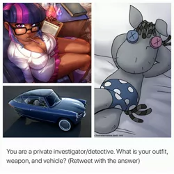 Size: 3264x3264 | Tagged: arm behind head, artist:johnjoseco, artist:lizombie, artist:vest, ask gaming princess luna, beauty mark, bed, book, bra, bra strap, breasts, busty sci-twi, busty twilight sparkle, car, cleavage, clipboard, clothes, collaboration, crossed legs, curvy, dark skin, derpibooru import, detective, detective meme, dork, downblouse, erlenmeyer flask, female, freckles, glasses, graph paper, hair bun, heart eyes, human, humanized, kneesocks, lab coat, legs, long socks, looking at you, looking up, love potion, meme, meta, microskirt, miniskirt, morning ponies, mouth hold, nobe 100, pencil, pleated skirt, private investigator, research, sci-twi, sexy, shoes, sitting, skirt, smarty pants, socks, solo, solo female, stupid sexy sci-twi, suggestive, swag, thighs, twilight darkle, twilight sparkle, twitter, underwear, wingding eyes