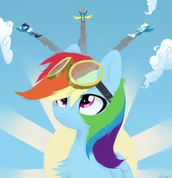 Size: 960x990 | Tagged: safe, artist:shiny, derpibooru import, fleetfoot, rainbow dash, soarin', spitfire, pegasus, pony, bust, chest fluff, clothes, cloud, female, flying, folded wings, goggles, lineless, male, mare, sky, solo focus, stallion, uniform, wings, wonderbolts, wonderbolts uniform