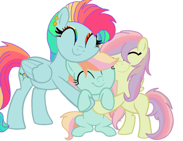 Size: 1000x774 | Tagged: safe, artist:circuspaparazzi5678, derpibooru import, oc, oc:rainboom, oc:rainbow blitz, oc:rainbow splash, pegasus, pony, base used, cute, ear piercing, earring, eyes closed, female, filly, group hug, hug, hugging a pony, jewelry, magical lesbian spawn, mare, multicolored hair, offspring, parent:fluttershy, parent:rainbow dash, parents:flutterdash, piercing, rainbow hair, rainbow makeup, siblings, simple background, sisterly love, sisters, transparent background