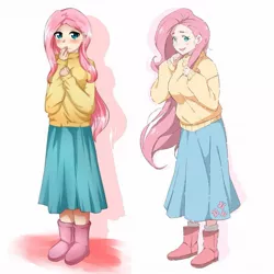 Size: 1077x1077 | Tagged: artist:tomoe-chi, boots, clothes, comparison, cute, cutie mark, cutie mark on clothes, derpibooru import, female, fluttershy, human, humanized, long skirt, redraw, safe, shoes, shyabetes, simple background, skirt, solo, sweater, sweatershy