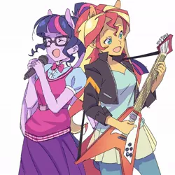 Size: 1080x1080 | Tagged: safe, artist:tomoe-chi, derpibooru import, sci-twi, sunset shimmer, twilight sparkle, eqg summertime shorts, equestria girls, get the show on the road, duo, duo female, electric guitar, eyes closed, female, flying v, gibson flying v, guitar, microphone, musical instrument, open mouth, ponied up, scene interpretation, simple background, white background