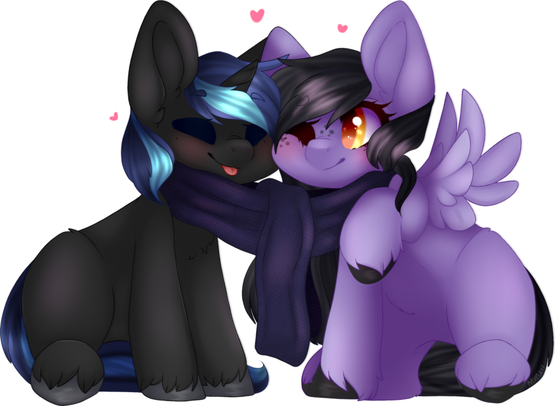Size: 3289x2405 | Tagged: safe, artist:mxnxii, derpibooru import, oc, oc:magic barrier, oc:tail, unofficial characters only, pegasus, unicorn, clothes, married couple, scarf, shared clothing, shared scarf, simple background, transparent background