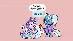 Size: 2048x1152 | Tagged: safe, artist:kylesmeallie, derpibooru import, starlight glimmer, trixie, pony, unicorn, alternate hairstyle, babysitter trixie, beanbag chair, clothes, coffee, dialogue, gamer, hoodie, pajamas, speech bubble