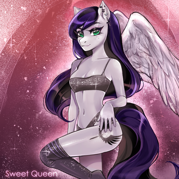 Size: 2000x2000 | Tagged: anthro, anthro oc, artist:sweet-queen, belly button, bra, breasts, cleavage, clothes, derpibooru import, ear piercing, female, high res, kneesocks, looking at you, mare, oc, oc:shine star, panties, pegasus, piercing, socks, solo, solo female, suggestive, underwear, unofficial characters only