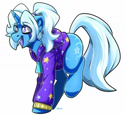 Size: 1865x1723 | Tagged: safe, artist:lrusu, derpibooru import, trixie, pony, unicorn, alternate hairstyle, babysitter trixie, clothes, ear piercing, female, gameloft, gameloft interpretation, hair tie, hoodie, jacket, mare, open mouth, piercing, pigtails, ponytail, simple background, smiling, solo, twintails, white background