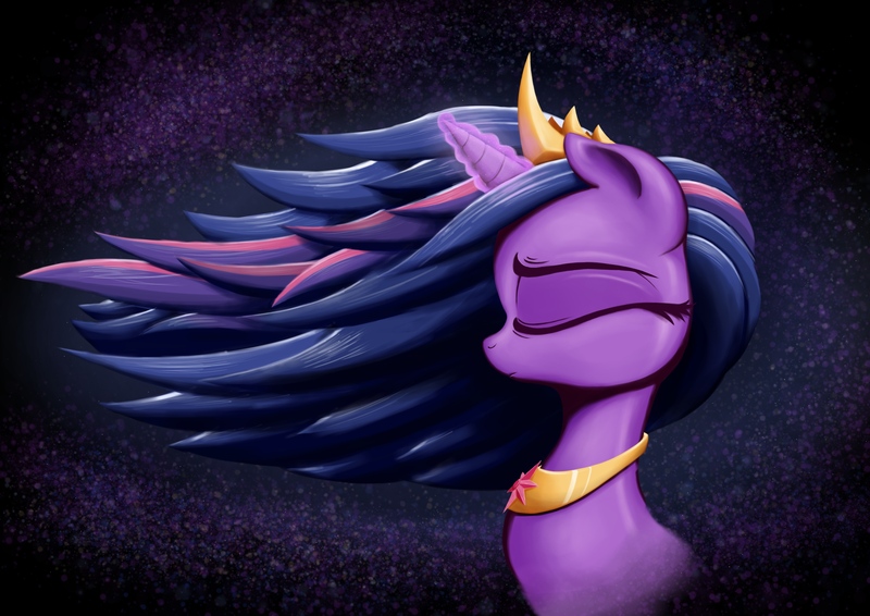 Size: 2981x2108 | Tagged: alicorn, artist:itchystomach, dark background, derpibooru import, eyes closed, profile, safe, solo, twilight sparkle, twilight sparkle (alicorn), windswept mane