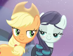 Size: 1155x877 | Tagged: applejack, blushing, coloratura, cropped, derpibooru import, edit, edited screencap, implied rarajack, looking at each other, rara, safe, screencap, the mane attraction