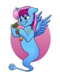 Size: 2800x3500 | Tagged: safe, artist:violyre, derpibooru import, oc, oc:parcly taxel, unofficial characters only, alicorn, genie, genie pony, pony, albumin flask, project seaponycon, alicorn oc, bottle, commission, concentrating, female, horn, horn ring, lanyard, mare, minecraft, quantum seaponycon, ring, simple background, solo, spread wings, tongue out, transparent background, wings, ych result