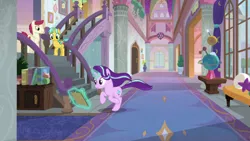 Size: 1920x1080 | Tagged: safe, derpibooru import, screencap, citrine spark, fire quacker, starlight glimmer, pegasus, pony, unicorn, a horse shoe-in, clipboard, female, friendship student, galloping, hallway, male, mare, orrery, stairs, stallion