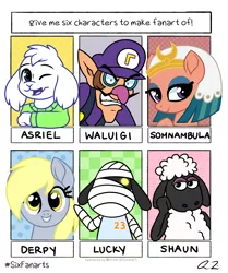 Size: 1072x1280 | Tagged: safe, artist:iheartjapan789, derpibooru import, derpy hooves, somnambula, anthro, dog, goat, human, pegasus, pony, sheep, six fanarts, angry, animal crossing, anthro with ponies, asriel dreemurr, bandage, clothes, crossover, female, hat, male, mare, nintendo, one eye closed, shaun the sheep, super mario bros., undertale, waluigi, wink