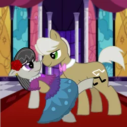 Size: 900x900 | Tagged: artist:starryoak, bowtie, clothes, dancing, derpibooru import, dress, female, flower, frederic horseshoepin, fredtavia, jewelry, male, necklace, octavia melody, pearl necklace, rose, safe, shipping, straight, tango
