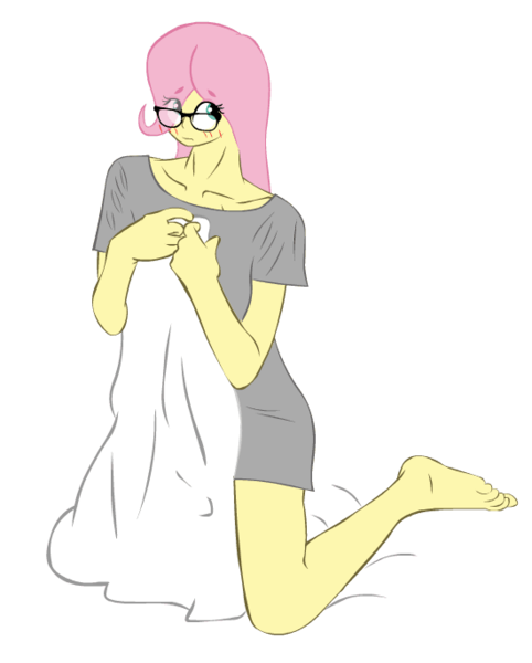 Size: 550x684 | Tagged: safe, artist:lzh, derpibooru import, fluttershy, human, equestria girls, bottomless, clothes, cover, female, glasses, kneeling, looking at you, partial nudity, shirt, simple background, t-shirt