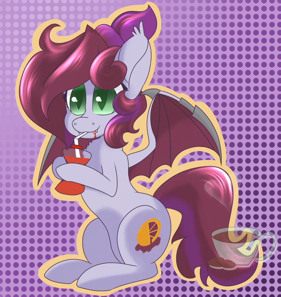 Size: 1800x1900 | Tagged: safe, artist:anxioussartist, derpibooru import, oc, oc:jade jump, unofficial characters only, bat pony, bat pony oc, bat wings, blood drinking, blood pack, cute smile, simple background, watermark, wingblade, wings