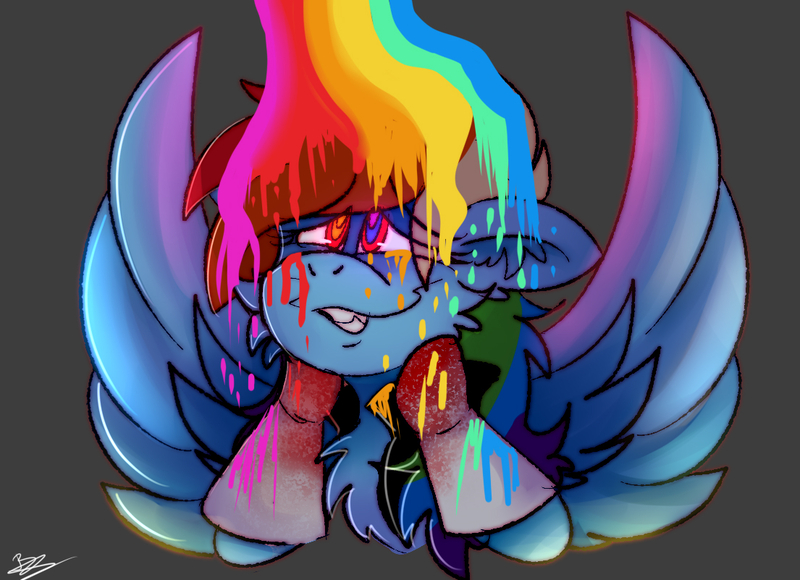 Size: 1105x801 | Tagged: safe, artist:vampymatsu, derpibooru import, rainbow dash, pegasus, pony, bust, clothes, dark background, female, gloves, liquid rainbow, mare, signature, solo, spread wings, wings