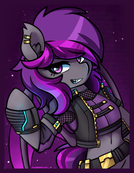 Size: 2172x2800 | Tagged: safe, artist:ciderpunk, derpibooru import, oc, oc:platinum wing, unofficial characters only, bat pony, semi-anthro, clothes, cyberpunk, ear piercing, earring, jewelry, piercing, solo