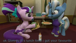 Size: 3840x2160 | Tagged: suggestive, artist:mrdoctorderpy, derpibooru import, starlight glimmer, trixie, whammy, pony, unicorn, 3d, 4k, adult foal, alternate hairstyle, baby bottle, baby food, babysitter trixie, clothes, diaper, diaper fetish, fetish, foal bottle, hoodie, pigtails, source filmmaker