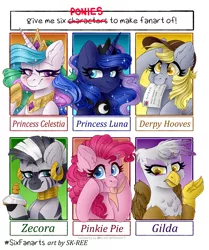 Size: 1920x2293 | Tagged: safe, artist:sk-ree, derpibooru import, derpy hooves, gilda, pinkie pie, princess celestia, princess luna, zecora, gryphon, pony, zebra, six fanarts, :p, bedroom eyes, blushing, bust, cheek squish, ear fluff, ear piercing, earring, ethereal mane, eyelashes, flashback potion, hat, hoof hold, hoof shoes, jewelry, mouth hold, neck rings, peytral, piercing, salute, scrunchy face, squishy cheeks, starry mane, tongue out