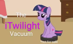 Size: 405x247 | Tagged: safe, artist:forgalorga, derpibooru import, edit, twilight sparkle, pony, robot, robot pony, unicorn, behaving like a cat, not for sale, roomba, text, unicorn twilight, vacuum cleaner, wingless, wingless edit