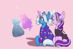 Size: 1500x1000 | Tagged: safe, artist:amethesaladhair, derpibooru import, starlight glimmer, trixie, bear, pony, unicorn, ursa, ursa major, ursa minor, alternate hairstyle, babysitter trixie, clothes, female, glowing horn, heart, hoodie, horn, lesbian, lesbian pride flag, pigtails, pink background, pride, pride flag, shipping, simple background, sitting, stars, startrix, sticker, twintails