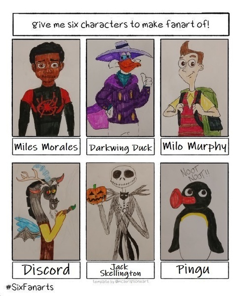 Size: 576x688 | Tagged: anthro, artist:blackwolfstar15, bird, bone, clothes, costume, crossover, dark skin, darkwing duck, derpibooru import, discord, draconequus, duck, halloween, hat, holiday, human, jack-o-lantern, jack skellington, male, miles morales, milo murphy, milo murphy's law, penguin, pingu, pumpkin, safe, six fanarts, skeleton, spider-man: into the spider-verse, the nightmare before christmas, traditional art