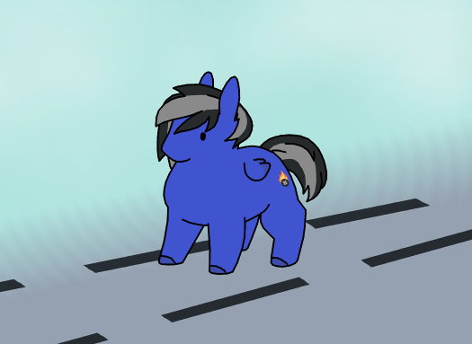 Size: 525x383 | Tagged: safe, artist:siegfriednox, derpibooru import, oc, oc:driftor, unofficial characters only, pegasus, pony, black hair, blue, blue background, blue coat, chonk, cute, cutie mark, dot eyes, folded wings, grey hair, male, no mouth, pegasus oc, road, simple background, small wings, solo, stallion, striped mane, striped tail, two toned hair, two toned mane, two toned tail, wings
