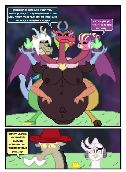 Size: 769x1044 | Tagged: angry, anthro, artist:jacalope, belly, big belly, breasts, comic, cosmos (character), derpibooru import, discord, disguise, draconequus, eris, fire, fusion, green fire, huge belly, hydra, impossibly large belly, king discord (r63), multiple heads, nipples, nudity, pixel art, pregnant, princess eris, questionable, rule 63, speech bubble, thighs, thunder thighs