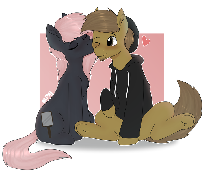 Size: 8298x7086 | Tagged: safe, artist:almond evergrow, derpibooru import, oc, oc:almond evergrow, oc:siren shadowstone, earth pony, pony, beanie, blushing, clothes, couple, cute, hat, heart, hoodie, kiss on the cheek, kissing, lidded eyes, lovers, peck, sirond, smooch